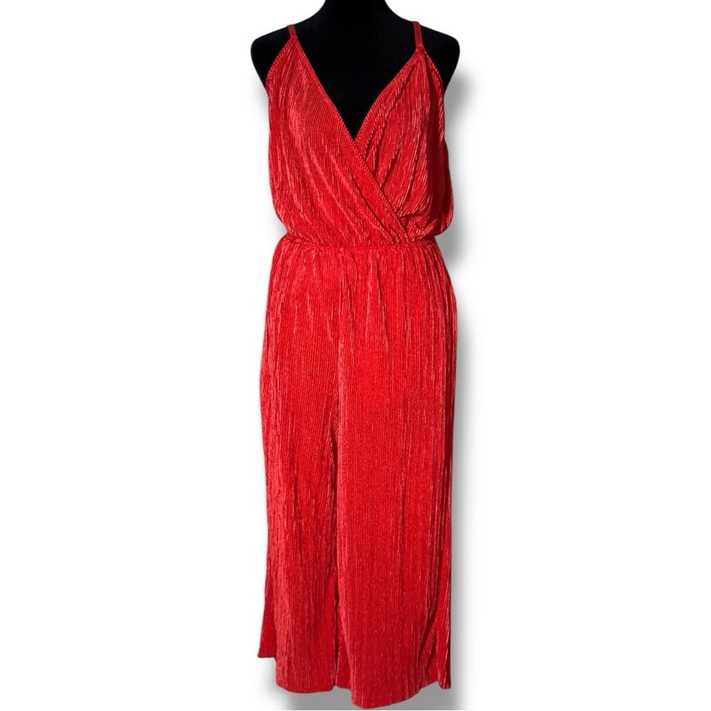 love, Fire Vibrant V Neck Wrap Style Top Sleeveless Flowy Red Wide Leg Jumpsuit